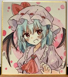 Rule 34 | 1girl, ascot, blue hair, blush, collared shirt, commentary, fang, frilled shirt collar, frills, hat, highres, long hair, looking at viewer, mob cap, open mouth, photo (medium), pink hat, pink shirt, pointy ears, red ascot, red eyes, remilia scarlet, shikishi, shirt, short sleeves, smile, solo, touhou, traditional media, wings, zeppachi