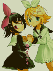 Rule 34 | 2girls, absurdres, black dress, black hair, black ribbon, black sailor collar, blonde hair, blue eyes, blush, bow hairband, dress, dual persona, expressionless, grey background, hair ornament, hairband, hairclip, highres, holding hands, interlocked fingers, kagamine rin, looking at viewer, menma (enaic31), multiple girls, red eyes, red hairband, ribbon, sailor collar, short hair, simple background, song name, usotsuki betty (vocaloid), vocaloid, white dress, white hairband, white sailor collar