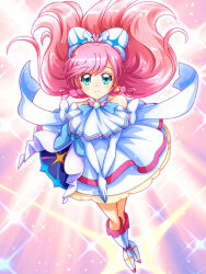 1girl ascot backlighting blue_bow boots bow braid brooch cure_prism dress dress_bow earrings elbow_gloves floating gloves green_eyes hair_bow highres hirogaru_sky!_precure jewelry knee_boots layered_dress light_particles long_hair looking_at_viewer magical_girl medium_dress mimimix nijigaoka_mashiro pink_hair precure side_braids solo sparkle v_arms white_ascot white_boots white_bow white_dress white_gloves wing_brooch