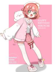 Rule 34 | 1girl, 35p (sakura miko), :d, absurdres, ahoge, airplane arms, beret, blush, cat hair ornament, dated, double-parted bangs, full body, green eyes, hair ornament, hairclip, happy birthday, hat, highres, hololive, jacket, lens flare, letterman jacket, long sleeves, looking at viewer, miniskirt, namori (style), neck ribbon, official alternate costume, official alternate hair length, official alternate hairstyle, open mouth, outstretched arms, pink hair, pink jacket, pink shoes, pink skirt, plaid clothes, plaid skirt, platform shoes, pleated skirt, raglan sleeves, red ribbon, ribbon, sailor collar, sakura miko, sakura miko (school uniform), school uniform, shirt, shoes, short hair, skirt, smile, sneakers, solo, spread arms, thigh strap, thighhighs, uniten 31, virtual youtuber, watermark, white hat, white sailor collar, white shirt, white sleeves, white thighhighs