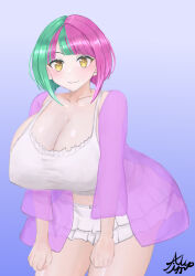 1girl alternate_breast_size artist_name blue_background blush bob_cut bra breasts closed_mouth collarbone commentary_request dolphin_wave green_hair helly_lewis highres indoors jump-kiryuu large_breasts looking_at_viewer medium_hair multicolored_hair navel pink_hair pink_shirt shirt skirt smile solo_focus split-color_hair standing stomach thighs two-tone_hair underwear white_bra white_skirt yellow_eyes