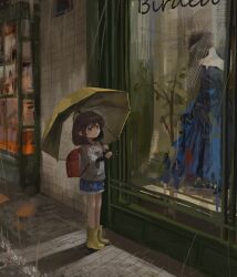 1girl :o absurdres backpack bag blue_dress blue_eyes blue_shorts boots brown_bag brown_hair child commission cutoffs dress eliot_(eokaitekaite969) highres holding holding_umbrella layered_sleeves long_sleeves mannequin original outdoors parted_lips pavement rain rubber_boots scenery short_hair short_over_long_sleeves short_sleeves shorts skeb_commission solo standing storefront umbrella undershirt unworn_dress window_shopping yellow_boots yellow_umbrella