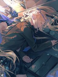 2girls absurdres black_jacket blonde_hair cartethyia_(wuthering_waves) closed_eyes closed_mouth crown_of_thorns dual_persona earrings fleurdelys_(wuthering_waves) highres honseie jacket jewelry long_hair long_sleeves lying multiple_girls on_side out_of_frame plaid_clothes plaid_skirt pointy_ears school_uniform sidelocks skirt sleeping solo_focus tacet_mark_(wuthering_waves) wuthering_waves