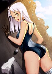 1girl absurdres alternate_costume ass black_choker black_gloves breasts choker fiercestbard glasses gloves goddess_of_victory:_nikke highres looking_back medium_hair neon_(nikke) on_ground one-piece_swimsuit outdoors small_breasts solo swimsuit thighs wet white_hair yellow_eyes