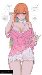 1girl absurdres bare_shoulders breasts cleavage clothes_lift collarbone colored_inner_hair dress dress_lift earrings english_text feather_earrings feathers gluteal_fold green_hair hair_ornament hairclip hanada_yanochi hand_up highres hololive hololive_english jewelry large_breasts lifting_own_clothes long_hair looking_at_viewer multicolored_hair official_alternate_costume orange_hair pink_dress pink_eyes simple_background solo speech_bubble straight_hair takanashi_kiara takanashi_kiara_(perfume) talking thighs very_long_hair virtual_youtuber white_background