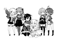 6+girls ahoge ascot azur_lane bellona_(azur_lane) bow cape check_commentary child commentary_request hugging_doll dress duca_degli_abruzzi_(azur_lane) foch_(azur_lane) giuseppe_garibaldi_(azur_lane) hair_bow hair_ornament horns jacket kneeling long_hair multiple_girls hugging_object ohisashiburi open_clothes open_jacket plymouth_(azur_lane) shorts skirt star_(symbol) stuffed_toy thighhighs ulrich_von_hutten_(azur_lane)