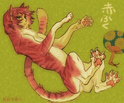 Rule 34 | 1boy, animal ears, animal hands, body fur, cat boy, cat ears, cat paws, cat tail, claws, green background, green eyes, hand fan, human head, isaki (shimesaba), male focus, monster boy, multicolored fur, multicolored tail, original, pawpads, pink fur, pink tail, red fur, red hair, red tail, solo, sphinx, tail, white fur, white tail