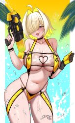 Rule 34 | 1girl, absurdres, ahoge, bare shoulders, black choker, black gloves, blonde hair, blush, breasts, bubble, choker, cleavage, clothing cutout, commentary request, contrapposto, cowboy shot, elegg (boom and shock) (nikke), elegg (nikke), fang, gloves, gluteal fold, goddess of victory: nikke, gradient background, hair intakes, hair over one eye, heart cutout, highres, holding, holding water gun, kizakura art, large breasts, leg tattoo, looking at viewer, nail polish, navel, official alternate costume, one eye covered, open mouth, outside border, palm leaf, pillarboxed, pink nails, purple eyes, shiny skin, short hair, signature, single glove, skin fang, slingshot swimsuit, smile, solo, standing, swimsuit, tattoo, two-tone gloves, very long fingernails, water gun, yellow gloves, yellow slingshot swimsuit