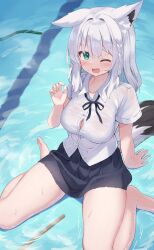1girl absurdres alternate_costume animal_ear_fluff animal_ears bare_legs barefoot black_ribbon black_skirt blush braid breasts button_gap collarbone collared_shirt commentary_request earclip embarrassed fallen_down from_above full_body green_eyes hand_up highres hololive kajitsu_no_hito large_breasts long_hair looking_at_viewer looking_up miniskirt neck_ribbon one_eye_closed open_mouth pleated_skirt raised_inner_eyebrows ribbon school_uniform shirakami_fubuki shirt short_sleeves side_braid sitting skirt solo tail thighs virtual_youtuber wariza water water_drop wet wet_clothes wet_shirt white_hair white_shirt wing_collar