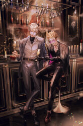 Rule 34 | 2boys, absurdres, alcohol, belt, belt buckle, black belt, black choker, black gloves, black jacket, black pants, black shirt, black shoes, black undershirt, blonde hair, blue eyes, bottle, brothers, brown belt, brown shoes, buckle, champagne, champagne bottle, champagne flute, choker, closed mouth, collarbone, collared shirt, counter, cup, drinking glass, earrings, flower, glasses, gloves, grey jacket, grey pants, grin, hair between eyes, highres, holding, holding cup, indoors, jacket, jacket on shoulders, jewelry, lapels, long sleeves, looking at viewer, male focus, millions knives, mole, mole under eye, multiple boys, open clothes, open collar, open jacket, pants, picture frame, pink-tinted eyewear, plant, red flower, round eyewear, shelf, shirt, shirt tucked in, shoes, short hair, siblings, single earring, sitting, smile, standing, stool, teeth, tinted eyewear, trigun, trigun stampede, undercut, undershirt, vash the stampede, white shirt, wine glass, wing collar, yakikesen
