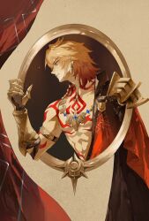 1boy abs arm_tattoo armlet armor bare_pectorals black_coat blonde_hair braid cape chest_tattoo chinese_commentary clawed_gauntlets coat commentary_request earrings from_side gold_earrings gold_necklace gradient_hair hair_between_eyes highres honkai:_star_rail honkai_(series) jewelry male_focus medium_hair multicolored_hair mydei_(honkai:_star_rail) necklace open_clothes open_coat pauldrons pectorals profile red_cape red_hair red_tattoo shanyuyushan shoulder_armor shoulder_tattoo side_braid single_pauldron solo tattoo toned toned_male yellow_eyes