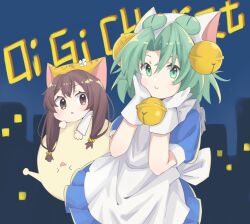 &gt;_&lt; 2girls absurdres animal_hat apron bell blue_dress brown_hair cat_hat city copyright_name curtained_hair dejiko di_gi_charat dress gema gloves green_hair hair_bell hair_ornament hands_on_own_cheeks hands_on_own_face hat highres jiushi_konglong looking_at_viewer multiple_girls night puchiko white_apron white_gloves x_mouth