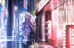 1girl animal_print anyoji_hime anyoji_hime_(summer_casual) blue_jacket boots breast_pocket breasts car city crop_top cropped_shirt dog_print full_body game_cg gashapon highres jacket lamppost link!_like!_love_live! love_live! medium_breasts midriff motor_vehicle navel non-web_source official_alternate_costume official_art open_clothes open_jacket outdoors pants pocket rain raised_inner_eyebrows running shirt short-sleeved_jacket short_sleeves sidewalk solo transparent transparent_umbrella umbrella virtual_youtuber white_boots white_pants white_shirt