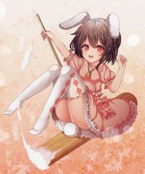 1girl :d animal_ears brown_hair floppy_ears full_body highres inaba_tewi kine kinos_(kw00789) leaf leaf_background mallet maple_leaf open_mouth orange_background rabbit_ears rabbit_girl rabbit_tail red_eyes ribbon-trimmed_legwear ribbon_trim riding short_hair smile solo tail thighhighs touhou white_thighhighs