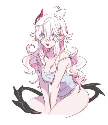 1girl aqua_eyes bright_pupils camisole collarbone demon_ears demon_girl demon_horns demon_tail eyes_visible_through_hair fang hair_between_eyes highres horns long_hair looking_at_viewer ohsoukamo open_mouth original panties pink_hair simple_background solo tail underwear upper_body white_background white_camisole white_panties white_pupils