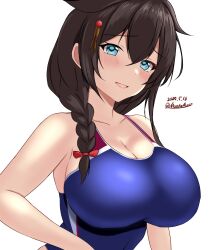 Rule 34 | 1girl, ahoge, blue eyes, blue one-piece swimsuit, braid, brown hair, competition swimsuit, covered navel, dated, hair flaps, hair ornament, hair over shoulder, hair ribbon, highres, kantai collection, long hair, looking at viewer, montemasa, one-hour drawing challenge, one-piece swimsuit, open mouth, ribbon, shigure (kancolle), shigure kai ni (kancolle), single braid, solo, swimsuit, twitter username, two-tone swimsuit, upper body