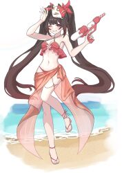 1girl ;) beach bikini breasts commentary_request fox_mask full_body highres holding holding_water_gun honkai:_star_rail honkai_(series) long_hair mask mask_on_head navel ocean oimo_imonium one_eye_closed purple_eyes red_bikini red_sarong sandals sarong small_breasts smile solo sparkle_(honkai:_star_rail) stomach swimsuit toes twintails very_long_hair water water_gun