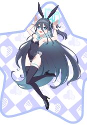 1girl absurdres alternate_costume animal_ears aris_(blue_archive) bare_shoulders black_hair black_leotard black_thighhighs blue_archive blue_eyes bow bow_choker breasts choker fake_animal_ears fake_tail full_body high_heels highres leotard long_hair looking_at_viewer one_side_up rabbit_ears rabbit_pose rabbit_tail small_breasts solo star_(symbol) tail teeth thighhighs upper_teeth_only very_long_hair white_background white_choker wrist_cuffs wuqi_wupenguin