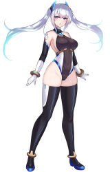 1girl :o amahara_kuon anklet bare_shoulders black_leotard black_thighhighs blue_eyes blue_hair blush boots bracelet breasts celestia_quartz covered_navel elbow_gloves floating_hair full_body gloves gradient_hair groin headgear high_heels highleg highleg_leotard highres jewelry kutan large_breasts leotard long_hair looking_at_viewer magical_girl multicolored_hair multicolored_leotard open_mouth original sideboob simple_background skin_tight skindentation solo standing thigh_boots thighhighs thighs transparent_background twintails two-tone_leotard v-shaped_eyebrows white_background white_gloves white_hair