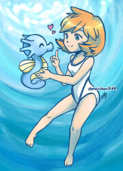1girl ^_^ air_bubble bare_arms bare_legs barefoot blue_eyes breasts bubble cleavage closed_eyes closed_mouth competition_swimsuit creature feet gen_1_pokemon happy holding holding_creature holding_pokemon horsea index_finger_raised legs looking_at_another misty_(pokemon) nintendo one-piece_swimsuit orange_hair pokemon pokemon_(creature) pokemon_hgss short_hair small_breasts smile swimsuit underwater water white_one-piece_swimsuit