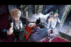 2boys alternate_costume bakugou_katsuki belt belt_pouch black_belt black_gloves black_necktie black_pants black_vest blonde_hair blood blood_on_body blood_on_clothes blood_splatter boku_no_hero_academia bridal_veil building buttons chest_belt cigarette city closed_mouth collared_shirt commentary covered_abs crossdressing dress earrings elbow_gloves fire flower gloves green_eyes green_hair gun handgun highres holding holding_cigarette holding_gun holding_phone holding_weapon homare04271 jacket jacket_on_shoulders jewelry letterboxed looking_ahead looking_to_the_side lower_teeth_only male_focus midoriya_izuku multiple_belts multiple_boys necklace necktie on_rooftop open_collar open_mouth pants pearl_necklace phone pouch shirt short_hair sideways_glance skyscraper smoke spiked_hair standing stud_earrings teeth torn_clothes two-sided_fabric two-sided_jacket veil vest weapon wedding_dress white_flower white_gloves white_shirt wing_collar wiping_face