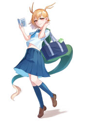 Rule 34 | 1girl, absurdres, antlers, bag, bag charm, blonde hair, blue bag, blue sailor collar, blue skirt, blue socks, blush, book, brown footwear, carrying bag, charm (object), closed mouth, dragon girl, dragon horns, dragon tail, full body, fur-tipped tail, green scales, green tail, highres, holding, holding book, horns, kicchou yachie, looking at viewer, midriff, monster girl, nano popo02, navel, open book, otter, pleated skirt, reading, red eyes, sailor collar, school bag, school uniform, shirt, short hair, short sleeves, shoulder bag, simple background, skirt, smile, socks, solo, tail, touhou, turtle shell, white background, white shirt, yellow horns