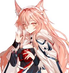 1girl animal_ears anpoai arknights blush braid breasts breath cape chinese_commentary cleavage commentary_request cup earmuffs hair_between_eyes hand_up highres holding holding_cup hood hood_down hooded_cape long_hair long_sleeves looking_at_viewer medium_breasts mug pink_eyes pink_hair pozyomka_(arknights) simple_background sketch solo upper_body white_background white_cape