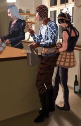 3boys animal_print argyle_clothes argyle_sweater bag bandaid black_hair black_lips boots bottle choker commentary_request cup eating food from_side full_body grey_hair guido_mista hairband hat headband highres holding holding_bag holding_cup holding_food indoors jojo_no_kimyou_na_bouken knee_boots leone_abbacchio lipstick long_hair makeup male_focus midriff multiple_boys narancia_ghirga orange_headband sara_(srsrmrmr) sex_pistols_(stand) shelf short_hair stand_(jojo) standing sweater tiger_print turtleneck vento_aureo watermark