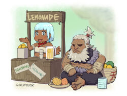 Rule 34 | 1boy, 1girl, akuma (street fighter), barefoot, bead necklace, beads, beard, crop top, cup, dark-skinned female, dark skin, earrings, elena (street fighter), facial hair, food, fruit, fruit bowl, fruit stand, glass, glowing, glowing eyes, jewelry, lemon, lemon slice, lemonade, lime (fruit), mandarin orange, mango, muscular, muscular male, necklace, on floor, orange (fruit), pitcher (container), prayer beads, quasimodox, red eyes, rope, scarf, sitting, smile, street fighter, street fighter 6, table, topknot, topless male, upper body, white hair, wooden table