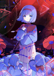 6+girls abstract_background arm_across_waist blue_eyes blue_hair blue_shirt blush bob_cut capelet clenched_hand clone closed_mouth commentary dot_nose faceless faceless_female falling_petals floating_hair flower hairband hand_up highres long_sleeves looking_at_viewer mikage_(harumaki_gohan) multiple_girls original petals plant pleated_skirt procreate_(medium) red_background red_capelet red_flower red_hairband safuapurin shirt short_hair skirt split_mouth standing surrounded vines watermark white_skirt wide_sleeves