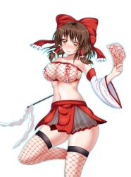 1girl bare_shoulders black_skirt bow breasts brown_hair cleavage closed_mouth collarbone commentary_request cowboy_shot detached_sleeves fishnet_thighhighs fishnet_tube_top fishnets frilled_hair_tubes frills glowing gohei hair_between_eyes hair_bow hair_tubes hakurei_reimu hand_up holding holding_gohei holding_ofuda large_breasts leg_up looking_at_viewer medium_hair miniskirt navel no_panties ofuda ofuda_on_nipples orange_eyes pasties pleated_skirt red_bow red_skirt revealing_clothes see-through_clothes see-through_skirt simple_background skindentation skirt smile solo standing standing_on_one_leg stomach strapless thick_thighs thighhighs thighs toraoto touhou tube_top two-tone_shirt white_background white_sleeves