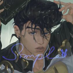 1boy bag black_hair blue_eyes brooch diamond_wa_kudakenai earrings gakuran heart heart_brooch higashikata_josuke high_collar highres holding holding_bag jacket jewelry jiechuan007 jojo_no_kimyou_na_bouken lips looking_at_viewer male_focus parted_lips peace_symbol pompadour portrait rain sample_watermark school_bag school_uniform shirt solo stud_earrings watermark wet wet_hair yellow_shirt zipper