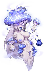 3girls :d blue_eyes blue_nipples blue_pussy breasts colored_nipples colored_pussy colored_skin drooling giant_fungi_bulb_(terraria) glowing glowing_eyes grey_hair hair_between_eyes highres large_breasts legless long_hair mini_person minigirl monster_girl multiple_girls mushroom_girl no_arms nyong_nyong open_mouth personification pussy simple_background smile terraria tongue tongue_out uncensored white_background white_skin