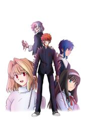 Rule 34 | 2boys, 3girls, arcueid brunestud, black hair, blonde hair, blood, blood on clothes, blood on hands, blue eyes, blue hair, breasts, ciel (tsukihime), crossover, deidrax, dual wielding, emiya shirou, fanfiction available, fate/stay night, fate (series), from side, glasses, hair intakes, hairband, highres, holding, holding sword, holding weapon, japanese clothes, large breasts, light frown, long hair, long sleeves, looking at viewer, misaki municipal high school uniform, multiple boys, multiple girls, orange hair, portrait, red eyes, red hair, school uniform, shoes, short hair, skirt, smile, sneakers, sweater, sword, title, tohno akiha, tohno shiki (2), transparent background, tsukihime, turtleneck, type-moon, vampire, weapon, white hair