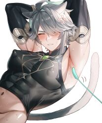 1boy abs alhaitham_(genshin_impact) alpaitham anger_vein animal_ears aqua_hair armpits arms_behind_head arms_up bdsm black_shirt black_sleeves blush bottomless bound bound_arms cat_boy cat_ears cat_tail cat_teaser closed_eyes genshin_impact grey_hair grey_tail groin hair_between_eyes hair_over_one_eye highres jewelry male_focus multicolored_hair muscular muscular_male navel shirt short_hair solo stomach streaked_hair tail tickling tickling_armpits white_hair