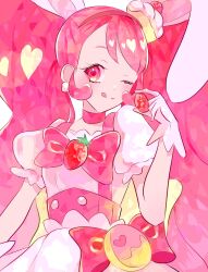 1girl ;d animal_ears big_hair bow bow_skirt bowtie buttons choker closed_mouth collarbone cowboy_shot cure_whip dot_nose earrings extra_ears eyelashes food food-themed_clothes food-themed_hair_ornament frilled_sleeves frills fruit gloves hair_ornament heart heart_print high-waist_skirt highres holding holding_food holding_fruit jewelry kirakira_precure_a_la_mode light_blush long_hair looking_at_viewer magical_girl narumi_kanata one_eye_closed open_mouth pink_background pink_bag pink_bow pink_bowtie pink_choker pink_eyes pink_hair pink_vest pleated_skirt pom_pom_(clothes) pom_pom_earrings precure puffy_short_sleeves puffy_sleeves rabbit_ears rabbit_girl shirt short_sleeves skirt skirt_set smile solo square_neckline standing strawberry strawberry_brooch tongue tongue_out twintails two-tone_background usami_ichika very_long_hair vest waist_bag white_gloves white_shirt white_skirt yellow_background yellow_bag