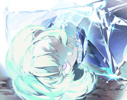 1boy androgynous aqua_hair clenched_teeth colored_eyelashes frozen km_(ksolee1201) lio_fotia looking_at_viewer lying male_focus on_ground one_eye_closed promare purple_eyes short_hair solo teeth upper_body