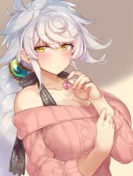 Rule 34 | 1girl, alternate costume, aran sweater, asymmetrical hair, bad id, bad twitter id, blush, braid, breasts, cable knit, closed mouth, collarbone, female focus, hair ornament, heart lock (kantai collection), kantai collection, large breasts, long hair, long sleeves, looking at viewer, off-shoulder, off-shoulder sweater, off shoulder, pokoten (pokoten718), silver hair, single braid, solo, sweater, unryuu (kancolle), upper body, very long hair, wavy hair, yellow eyes