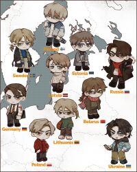 6+boys :&gt; absurdres belarus_(saboten92) black_footwear blonde_hair blue_eyes braid brown_coat brown_hair brown_pants character_name closed_mouth coat estonia_(saboten92) estonian_flag europe_map finland_(saboten92) finnish_flag german_flag germany_(saboten92) highres latvia_(saboten92) latvian_flag lithuania_(saboten92) lithuanian_flag long_hair map multiple_boys original pants personification poland_(saboten92) polish_flag red_scarf russia_(saboten92) russian_flag saboten92 scarf shoes short_hair smile sweater sweden_(saboten92) swedish_flag ukraine_(saboten92) ukrainian_flag white_sweater