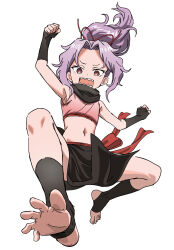 1girl barefoot feet fingerless_gloves gloves highres kunoichi_tsubaki_no_mune_no_uchi long_hair looking_at_viewer ninja open_mouth ponytail purple_hair red_eyes riokasen sazanka_(kunoichi_tsubaki_no_mune_no_uchi) sharp_teeth soles stirrup_legwear teeth toeless_legwear toes