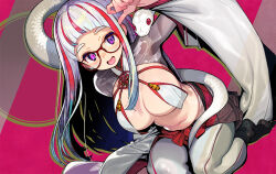 1girl animal breast_curtains breasts chinese_zodiac commentary_request glasses kneeling large_breasts long_hair looking_at_viewer multicolored_hair navel new_year onono_imoko open_mouth original pants purple_eyes red-framed_eyewear red_hair smile snake solo two-tone_hair white_hair white_pants year_of_the_snake