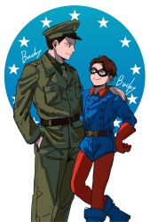 2boys animification belt black_mask blue_bodysuit blue_boots blue_eyes bodysuit boots breast_pocket brown_belt brown_hair bucky_barnes buttons captain_america:_the_first_avenger captain_america_(series) character_name child closed_mouth collared_bodysuit collared_shirt commentary_request dual_persona eye_mask fingernails gloves green_hat green_jacket green_necktie green_pants green_shirt hand_in_pocket hand_on_another&#039;s_shoulder hat highres jacket lapels leggings long_sleeves looking_at_another male_focus marvel marvel_cinematic_universe military_hat military_jacket military_uniform multiple_boys necktie pants pocket red_gloves red_leggings san_ko shirt short_hair smile standing star_(symbol) star_symbol_background