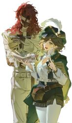 1boy 1girl :d aleph_(reverse:1999) baegi201 belt belt_pouch black_gloves black_mask black_shorts black_vest breasts brown_belt brown_hair cape cleavage covered_face cowboy_shot gloves green_cape green_eyes green_hat hand_up hands_up hat hat_feather highres holding holding_notebook holding_pen holding_quill long_hair looking_at_viewer newsboy_cap notebook open_clothes open_mouth open_vest pants pantyhose pen pouch quill recoleta_(reverse:1999) red_hair reverse:1999 shirt short_hair short_shorts shorts smile vest white_background white_pants white_pantyhose white_shirt