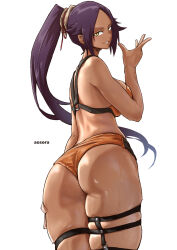 1girl aosora2823 artist_name ass ass_focus bikini bleach breasts dark-skinned_female dark_skin from_behind highres large_breasts looking_back orange_bikini ponytail purple_hair shihouin_yoruichi simple_background solo sweat swimsuit white_background yellow_eyes