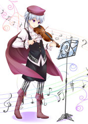 1girl absurdres bass_clef crotchet_rest female_focus flat_sign girlfriend_(kari) hat highres instrument kimijima_satoru kimishima_satoru musical_note musical_note_print pantyhose purple_eyes quaver quaver_rest sharp_sign short_hair solo musical_staff treble_clef violin zexel_(nintama)