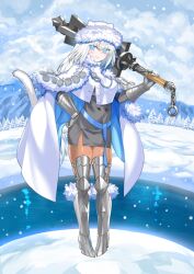 1girl armored_boots blue_eyes blue_sash blush boots breasts buttons cape cat_girl cat_tail closed_mouth cloud dobrynya_nikitich_(fate) dobrynya_nikitich_(first_ascension)_(fate) double-breasted fate/grand_order fate_(series) front_slit full_body fur-trimmed_boots fur-trimmed_cape fur-trimmed_headwear fur_trim game_cg gauntlets grey_skirt grey_vest hand_on_own_hip hand_up hat high_collar high_heel_boots high_heels holding holding_weapon long_hair long_sleeves looking_to_the_side low-tied_long_hair miniskirt official_art orange_pantyhose over_shoulder overcast pantyhose partially_unbuttoned river robina sash sidelocks skirt sky smile snow snowing solo standing tail thigh_armor third-party_source two-sided_cape two-sided_fabric very_long_hair vest waistcoat weapon weapon_over_shoulder white_cape white_hair white_hat white_tail