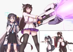 &gt;_&lt; +_+ 2girls ^_^ absurdly_long_hair absurdres animal_ears apron aqua_halo aqua_ribbon aris_(blue_archive) aris_(maid)_(blue_archive) azur_lane bare_legs black_dress black_hair black_hairband black_shoes black_thighhighs blue_archive blue_eyes blue_hair blush boots breasts brown_hair buttons clenched_hands closed_eyes clothes_lift collared_shirt commentary_request commission cow_ears cow_girl cow_horns cow_tail crossover double-breasted dress energy_beam english_text firing flying_sweatdrops frilled_apron frills full_body gradient_hair hair_between_eyes hairband halo hands_up highres holding holding_weapon horns huge_breasts jacket jidong_gongbing kashino_(azur_lane) kashino_(maid_for_mayhem)_(azur_lane) long_bangs long_hair long_hair_between_eyes long_sleeves loosely_tucked_bangs maid maid_apron maid_headdress mary_janes meme military_uniform miniskirt multicolored_hair multiple_girls necktie official_alternate_costume open_clothes pantyhose pixiv_commission pleated_skirt ponytail purple_skirt railgun rectangular_halo red_skirt ribbon sakana~_(meme) school_uniform shirt shoes simple_background skirt skirt_lift standing standing_on_one_leg stretching tail thighhighs very_long_hair weapon white_apron white_background white_jacket white_pantyhose white_shirt zettai_ryouiki