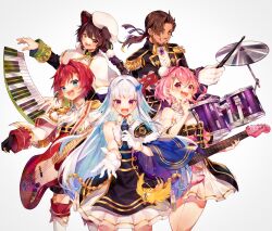 1boy 4girls :d ange_katrina animal animal_ears band_(music) bass_guitar belmond_banderas beret bird black_dress black_gloves black_hat black_jacket black_shorts blue_cape blue_eyes blue_gemstone blue_hair blush boots braid brown_hair cape capelet clothed_animal collared_dress collared_jacket colored_inner_hair commentary_request cymbals dog_ears dress drum drum_set drumsticks earrings electric_guitar epaulettes fang finger_to_own_chin floating_instrument flower fold-over_boots gem gloves gold_trim green_gemstone grey_background group_picture guitar hair_flower hair_intakes hair_ornament hair_ribbon hairclip hands_up hat heterochromia highres holding holding_drumsticks holding_guitar holding_instrument holding_microphone holding_plectrum idol_clothes instrument inui_toko jacket jewelry keyboard_(instrument) layered_dress lize_helesta long_hair long_sleeves looking_at_viewer low_ponytail low_twin_braids microphone mizuki_fua multicolored_hair multiple_girls music necktie nijisanji official_alternate_costume open_mouth pink_hair playing_bass_guitar playing_drum playing_guitar playing_instrument pleated_dress plectrum pom_pom_(clothes) pom_pom_hair_ornament ponytail purple_eyes purple_gemstone purple_ribbon red_eyes red_hair ribbon sasaki_saku sebastian_piyodore short_dress short_hair shorts shoulder_pads side_cape simple_background single_bare_shoulder single_ear_down single_shoulder_pad skin_fang sleeve_cuffs sleeveless sleeveless_dress smile streaked_hair thigh_boots twin_braids two-tone_hair very_long_hair virtual_youtuber white_capelet white_dress white_gloves white_hair white_hat white_jacket wireless_microphone yellow_bird yellow_eyes