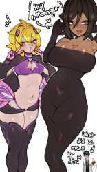 1boy 2girls armband black_dress black_gloves black_vest blonde_hair blue_hair breasts brown_hair chest_tattoo collar commentary cosplay cosplay_request dark-skinned_female dark_skin don_quixote_(project_moon) double_v dress elbow_gloves english_commentary english_text fullmetal_alchemist glasses gloves highres hohenheim_(project_moon) lab_coat large_breasts limbus_company lust_(fma) lust_(fma)_(cosplay) multiple_girls navel necktie outis_(project_moon) project_moon re:zero_kara_hajimeru_isekai_seikatsu red_armband red_necktie renata11033 short_hair simple_background small_breasts tattoo tongue tongue_out v vest white_background yellow_eyes