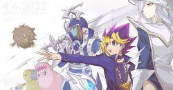 Rule 34 | 1girl, 2boys, abiiii, beta the magnet warrior, black choker, blonde hair, blue jacket, chain, choker, colored skin, dated, duel monster, fake horns, gloves, grey hair, hair over one eye, happy birthday, helmet, holding, holding sword, holding weapon, horned helmet, horns, jacket, kuriboh, long hair, marshmallon, millennium puzzle, multicolored hair, multiple boys, muto yugi, open mouth, pink skin, purple eyes, sharp teeth, silent magician, silent swordsman, sword, tabard, teeth, weapon, white gloves, white tabard, yu-gi-oh!